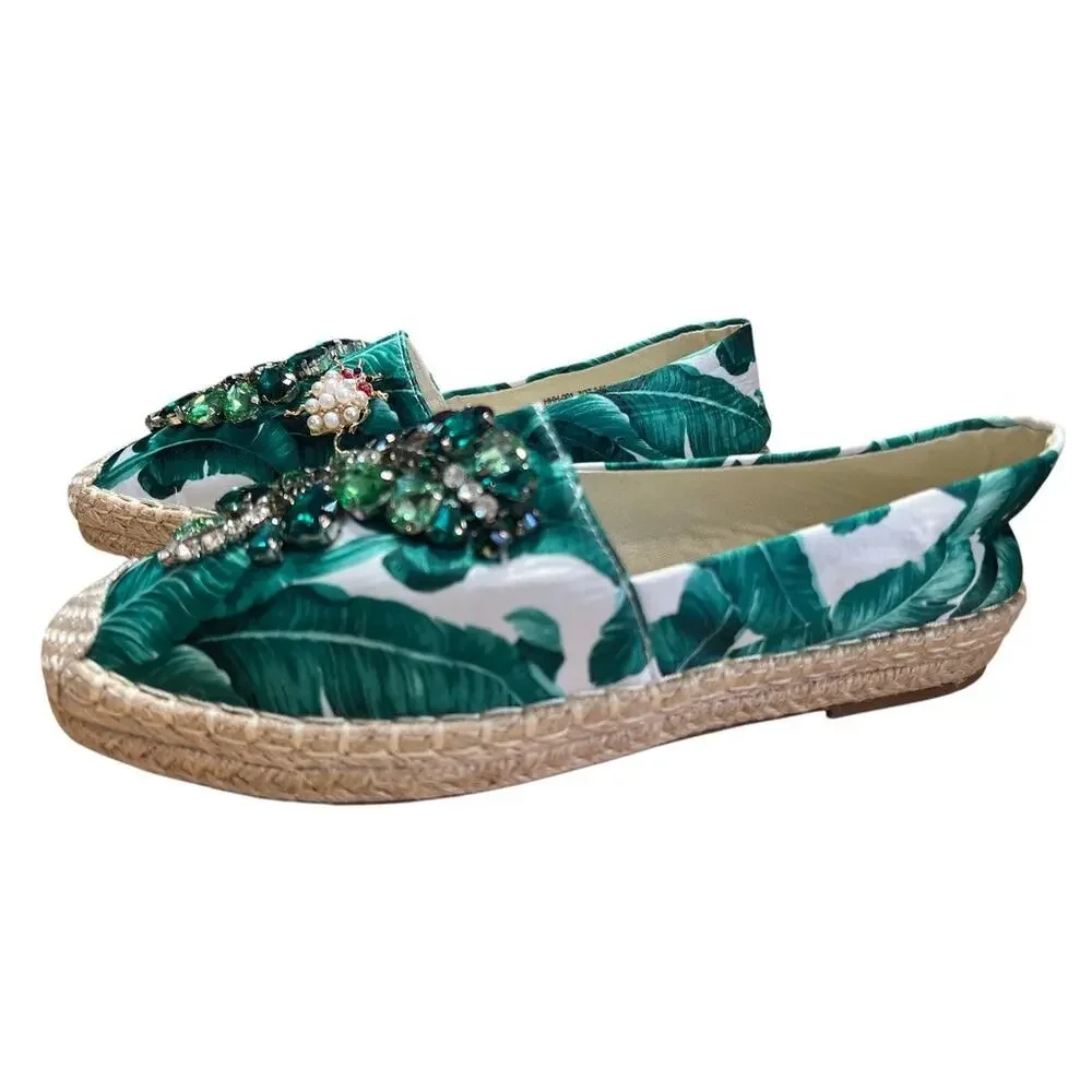 Chinese Laundry Blingy Slip On Espadrilles Sz 7 Green White Resort Tropical Tiki